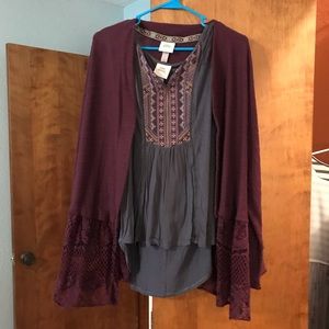 Maroon Cardigan & embroidered tank